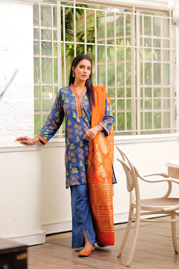 Casual 3 Piece Suit  | Cotton Gold Printed & Paist Lawn | Blue & Multicolor | LBD-02018